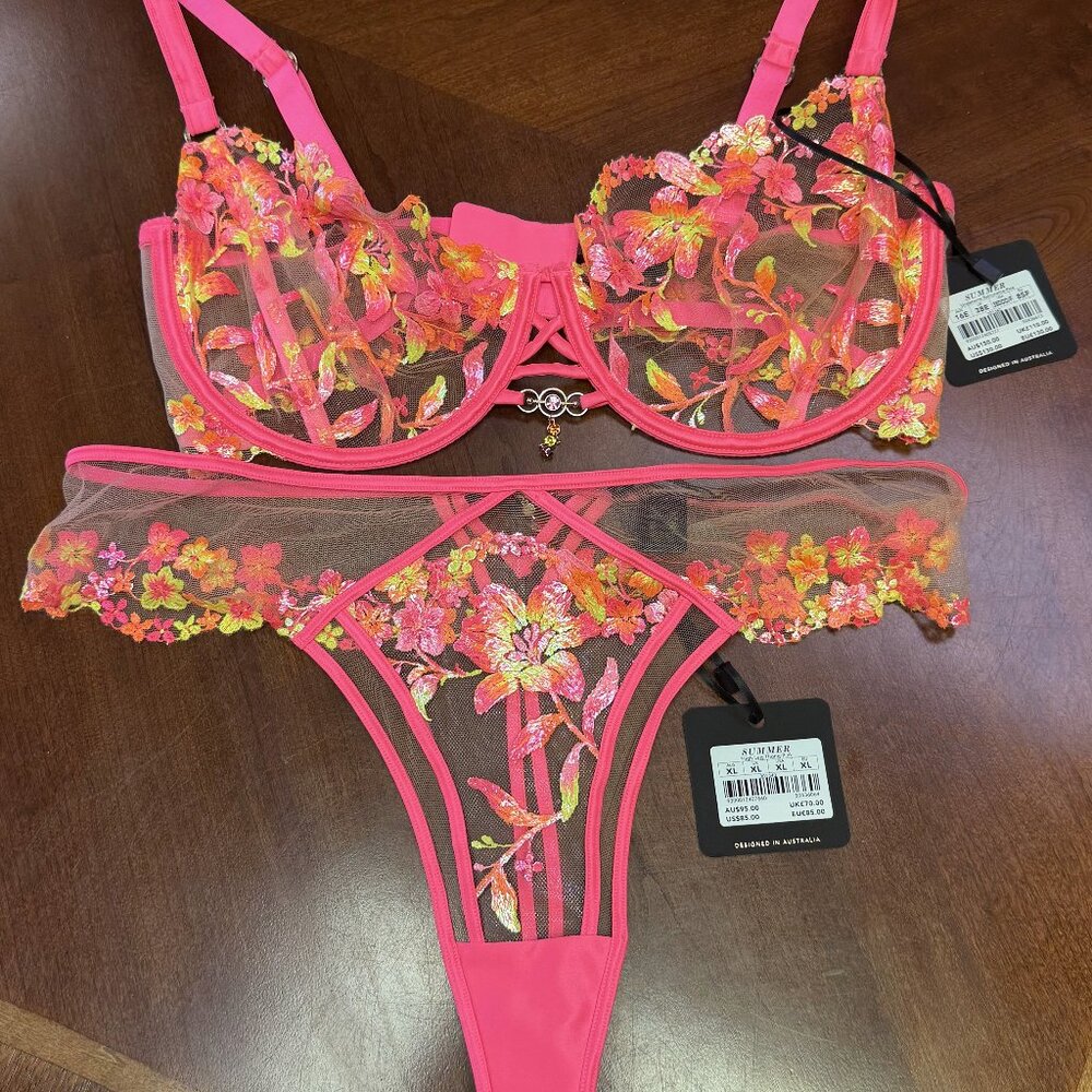 Gorgeous Honey Birdette "Summer" Neon Pink Lingerie Set 38F/XL NWT